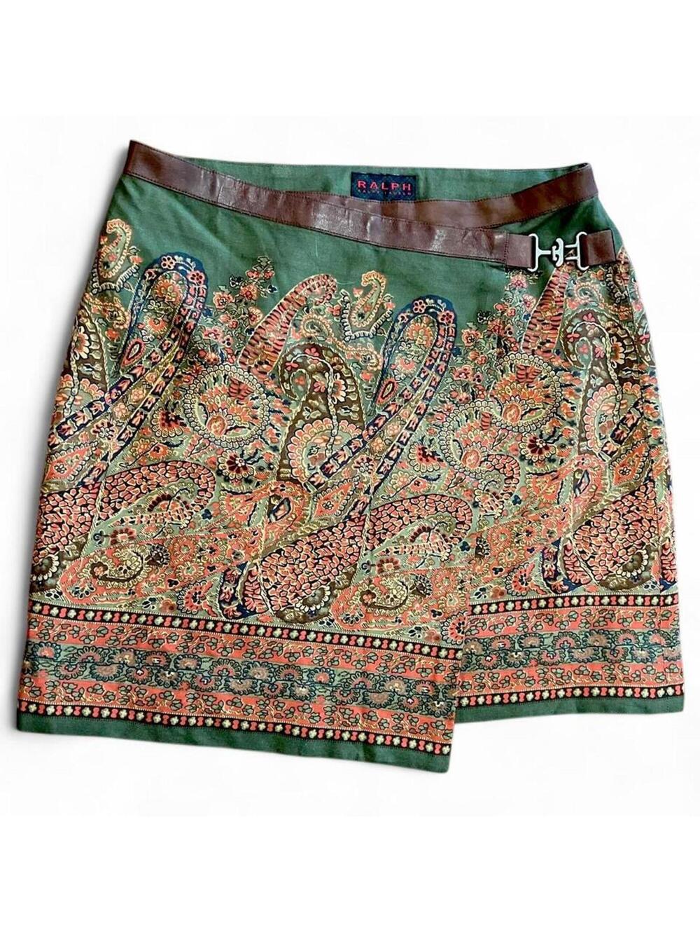 Ralph Lauren Paisley Tapestry Leather Trim Mini Skirt Old Money Size‎ 6